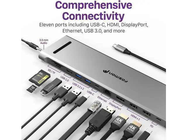 Alt view image 6 of 7 - Fosmon USB C Hub (11-in-1) Desktop USB Hub with 2x HDMI (4k@60Hz), DisplayPort (4K@60Hz), x2 USB-C (USB 3.0) x2 USB 3.0, USB 2.0, TF 2.0, RJ45 Ethernet Port compatible with MacBook, Lenovo, HP Laptops