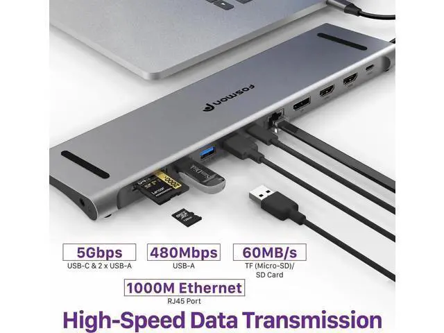 Alt view image 5 of 7 - Fosmon USB C Hub (11-in-1) Desktop USB Hub with 2x HDMI (4k@60Hz), DisplayPort (4K@60Hz), x2 USB-C (USB 3.0) x2 USB 3.0, USB 2.0, TF 2.0, RJ45 Ethernet Port compatible with MacBook, Lenovo, HP Laptops