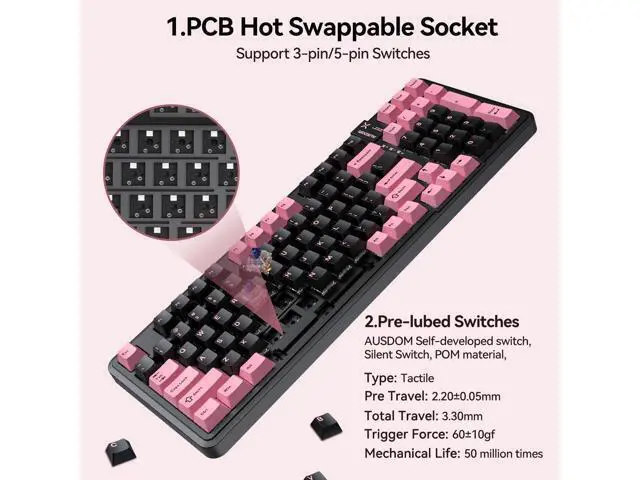 Alt view image 5 of 7 - Vszerd 98Pro Silent Wireless Mechanical Keyboard, Tri-Mode BT/2.4G/USB-C Hot Swappable Custom Quiet Keyboard with Backlit, Gasket Structure, PBT Keycaps,Pre-lubed Tactile Switches(Black & Pink-Silent)