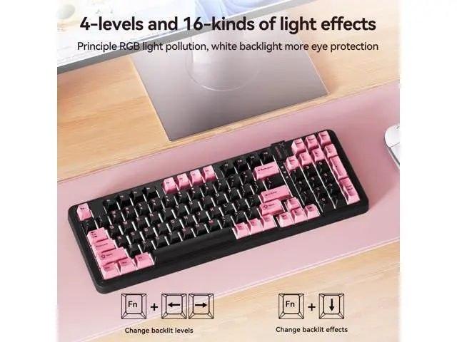 Alt view image 6 of 7 - Vszerd 98Pro Silent Wireless Mechanical Keyboard, Tri-Mode BT/2.4G/USB-C Hot Swappable Custom Quiet Keyboard with Backlit, Gasket Structure, PBT Keycaps,Pre-lubed Tactile Switches(Black & Pink-Silent)