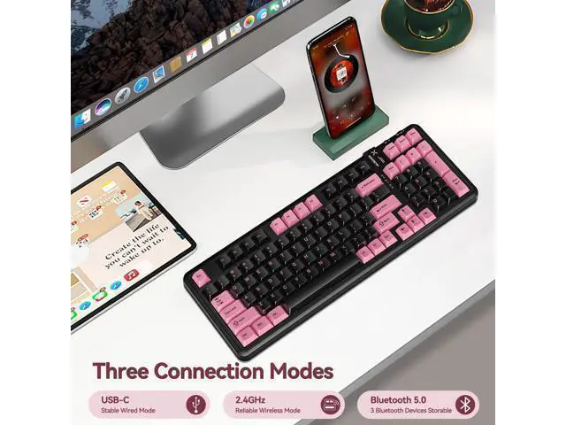 Alt view image 2 of 7 - Vszerda 98Pro Wireless Mechanical Keyboard, Tri-Mode BT/2.4GHz/USB-C Hot Swappable Custom Gaming Keyboard with Backlit, Gasket Structure, Linear Switches for Windows/Mac/PC (Black&Pink 97keys)