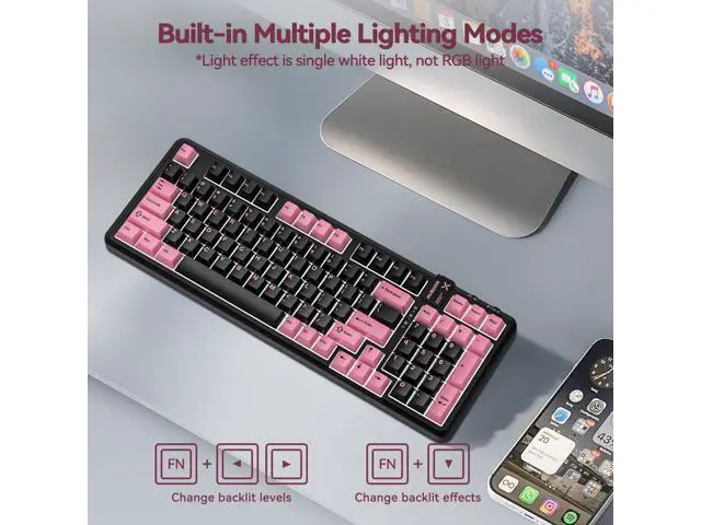 Alt view image 3 of 7 - Vszerda 98Pro Wireless Mechanical Keyboard, Tri-Mode BT/2.4GHz/USB-C Hot Swappable Custom Gaming Keyboard with Backlit, Gasket Structure, Linear Switches for Windows/Mac/PC (Black&Pink 97keys)