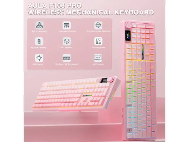 Alt view image 2 of 7 - Vszerda F108 PRO - Wireless Mechanical Keyboard with Screen & Knob,Full Size Keyboard with 8000mAh Battery,Pre-lubed Switches,Side Printed PBT Keycaps,RGB Backlit Hot Swappable Custom Pink Keyboards