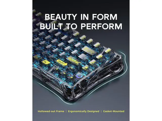 Alt view image 3 of 7 - Vszerda Mercury K1 Lite 75% Gaming Keyboard, 2.4GHz/BT/Wired Tri-Mode Wireless Keyboard, Gasket Hot Swappable Mechanical Keyboard, Pre-lubed Linear Switches, RGB Backlit (Transparent Black)