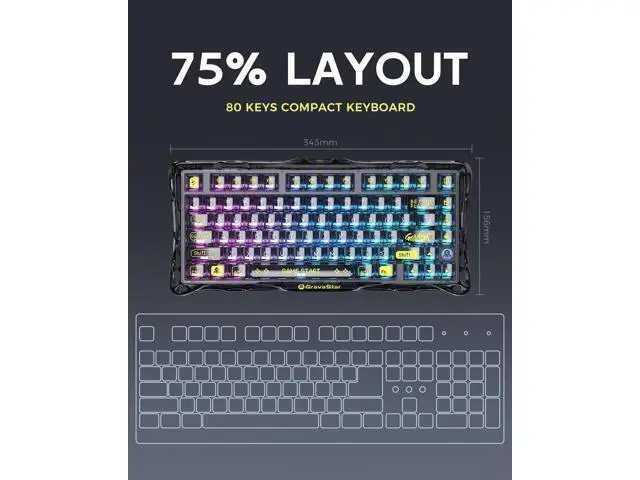 Alt view image 2 of 7 - Vszerda Mercury K1 Lite 75% Gaming Keyboard, 2.4GHz/BT/Wired Tri-Mode Wireless Keyboard, Gasket Hot Swappable Mechanical Keyboard, Pre-lubed Linear Switches, RGB Backlit (Transparent Black)