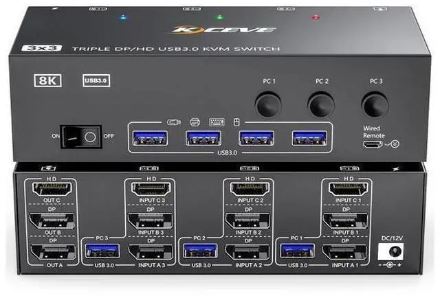Main image of KVM Switch 3 Monitors 3 Computers 8K@60Hz, HDMI + 2* Displayport Triple Monitor KVM Switch,3 Monitor KVM with 4 USB 3.0 Ports for Keyboard Mouse Printer, Wired Remote and Power Adapter Included