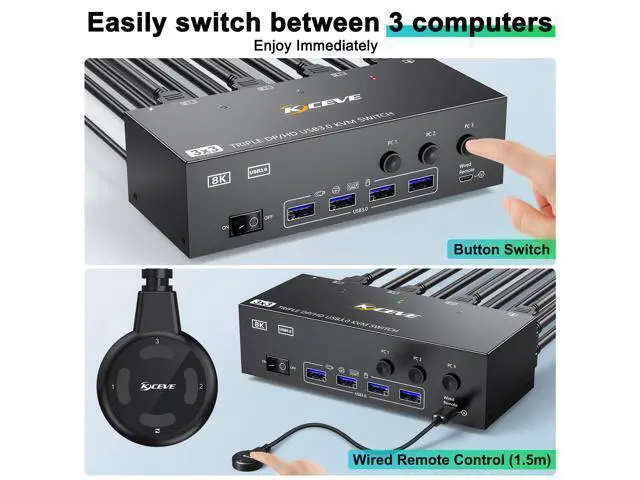 Alt view image 5 of 7 - KVM Switch 3 Monitors 3 Computers 8K@60Hz, HDMI + 2* Displayport Triple Monitor KVM Switch,3 Monitor KVM with 4 USB 3.0 Ports for Keyboard Mouse Printer, Wired Remote and Power Adapter Included