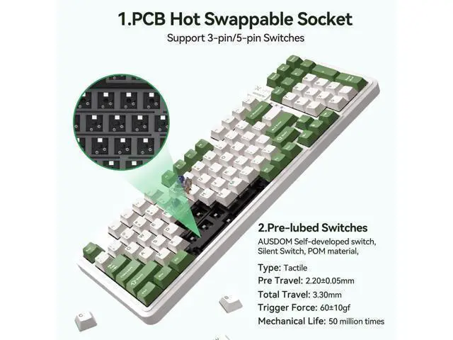 Alt view image 3 of 7 - Vszerd 98Pro Silent Mechanical Keyboard, Wireless Hot Swappable Gaming Keyboard with Backlit,Gasket Structure,Pre-lubed Tactile Switches,2.4GHz/Type-C/Bluetooth Custom Keyboards (Green & White-Silent)
