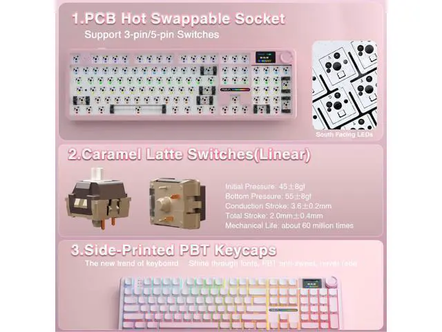 Alt view image 5 of 7 - Vszerda F108 PRO - Wireless Mechanical Keyboard with Screen & Knob,Full Size Keyboard with 8000mAh Battery,Pre-lubed Switches,Side Printed PBT Keycaps,RGB Backlit Hot Swappable Custom Pink Keyboards
