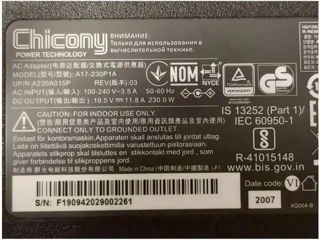 Alt view image 3 of 4 - Chicony A17-230P1A 19.5V 11.8A 230W A230A015P AC Adapter For Hasee MSI Laptop Power Supply Charger