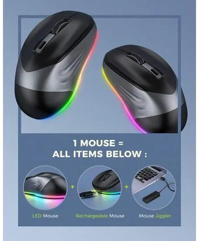 Alt view image 2 of 5 - PEIOUS Wireless Mouse, Jiggler Mouse for Laptop - LED Mouse Rechargeable Computer Mice Mouse Mover Undetectable Random Movement with On/Off Button Keeps Computer Awake - Black&Grey