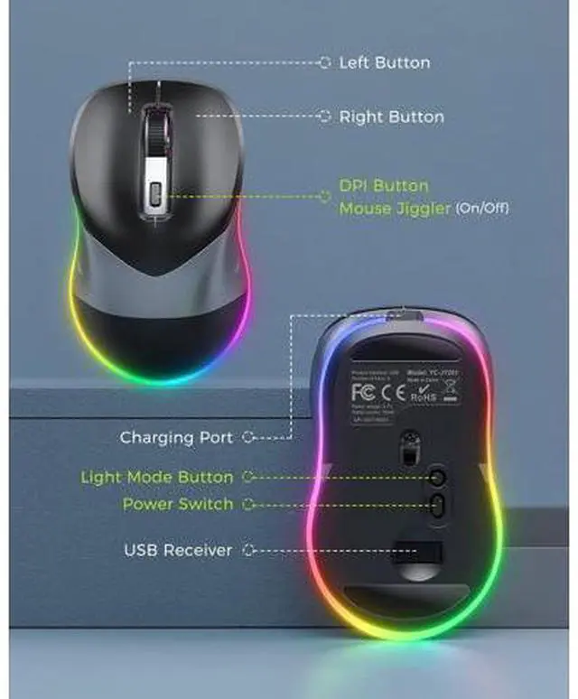 Alt view image 5 of 5 - PEIOUS Wireless Mouse, Jiggler Mouse for Laptop - LED Mouse Rechargeable Computer Mice Mouse Mover Undetectable Random Movement with On/Off Button Keeps Computer Awake - Black&Grey