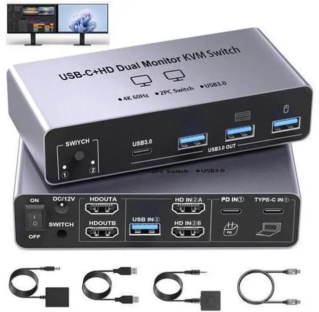 Main image of IHDAPP USB-C+HDM KVM Switch 2 Monitors 2 Computers-8K@60Hz 4K@60Hz USB C KVM Switch Dual Monitor for Laptop&Desktop to Share 2 Monitor&4 USB3.0 Devices, 100W PD Charging, with USB C Cable/Controller
