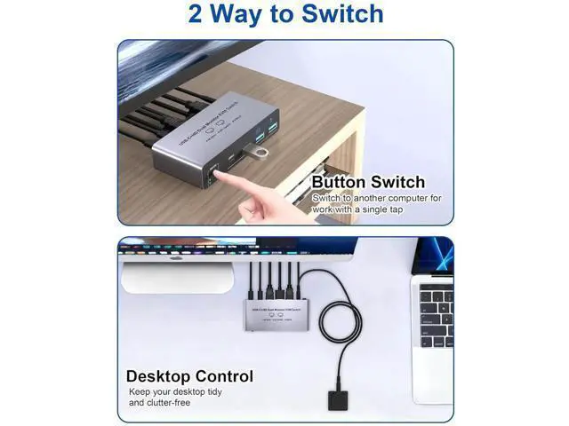 Alt view image 3 of 7 - IHDAPP USB-C+HDM KVM Switch 2 Monitors 2 Computers-8K@60Hz 4K@60Hz USB C KVM Switch Dual Monitor for Laptop&Desktop to Share 2 Monitor&4 USB3.0 Devices, 100W PD Charging, with USB C Cable/Controller