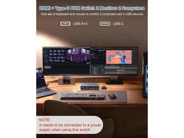 Alt view image 6 of 7 - IHDAPP USB-C+HDM KVM Switch 2 Monitors 2 Computers-8K@60Hz 4K@60Hz USB C KVM Switch Dual Monitor for Laptop&Desktop to Share 2 Monitor&4 USB3.0 Devices, 100W PD Charging, with USB C Cable/Controller