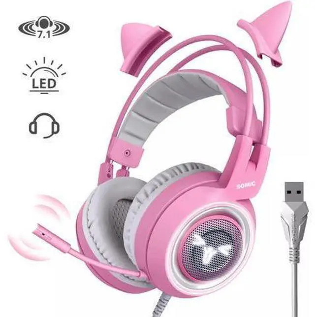 Main image of wusu G951 Pink Lovely Cat Shape Noise Cancelling Girl Gaming Headphones, Virtual 7.1 Surround Sound Effect Headset with SVE Vibration and Cute LED Light Pattern For PS4 PC Laptop Games