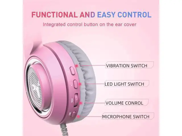 Alt view image 3 of 7 - wusu G951 Pink Lovely Cat Shape Noise Cancelling Girl Gaming Headphones, Virtual 7.1 Surround Sound Effect Headset with SVE Vibration and Cute LED Light Pattern For PS4 PC Laptop Games