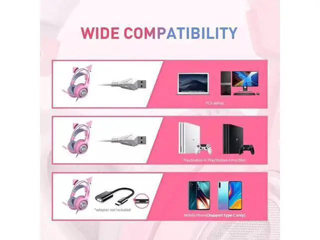 Alt view image 5 of 7 - wusu G951 Pink Lovely Cat Shape Noise Cancelling Girl Gaming Headphones, Virtual 7.1 Surround Sound Effect Headset with SVE Vibration and Cute LED Light Pattern For PS4 PC Laptop Games