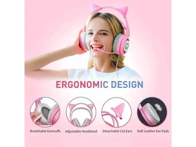 Alt view image 7 of 7 - wusu G951 Pink Lovely Cat Shape Noise Cancelling Girl Gaming Headphones, Virtual 7.1 Surround Sound Effect Headset with SVE Vibration and Cute LED Light Pattern For PS4 PC Laptop Games