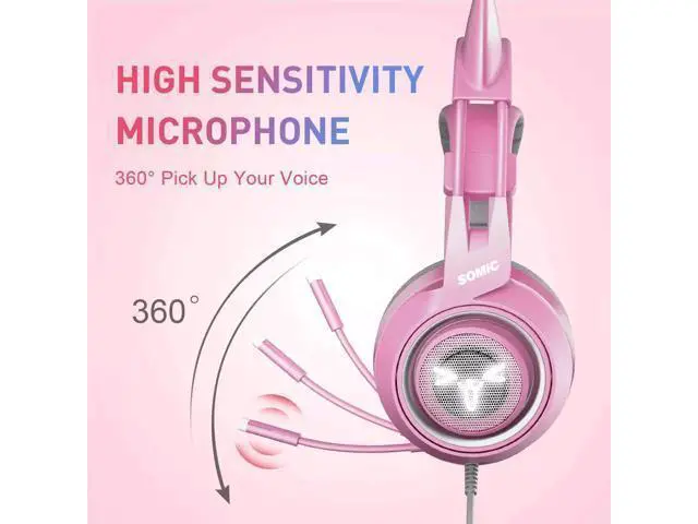 Alt view image 6 of 7 - wusu G951 Pink Lovely Cat Shape Noise Cancelling Girl Gaming Headphones, Virtual 7.1 Surround Sound Effect Headset with SVE Vibration and Cute LED Light Pattern For PS4 PC Laptop Games