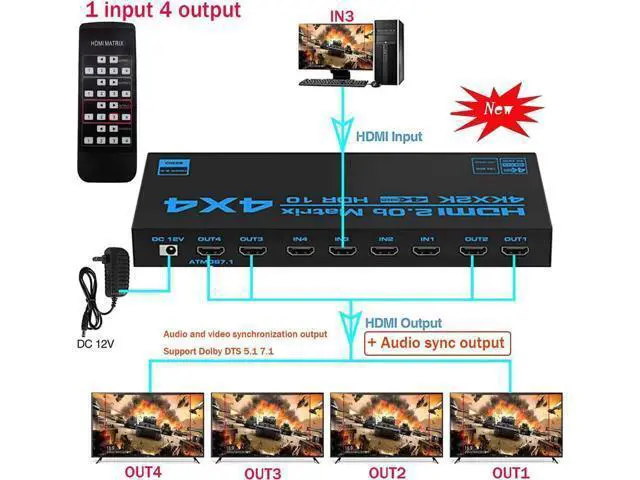 Alt view image 6 of 7 - wusu HDMI Matrix Switch 4x4,AUBEAMTO 4K HDMI Matrix Switcher Splitter 4 in 4 Out Box with EDID Extractor and IR Remote Control Support 4K HDR, HDMI 2.0b, HDCP 2.2, 4K@60Hz, 3D, YUV 4:4:4