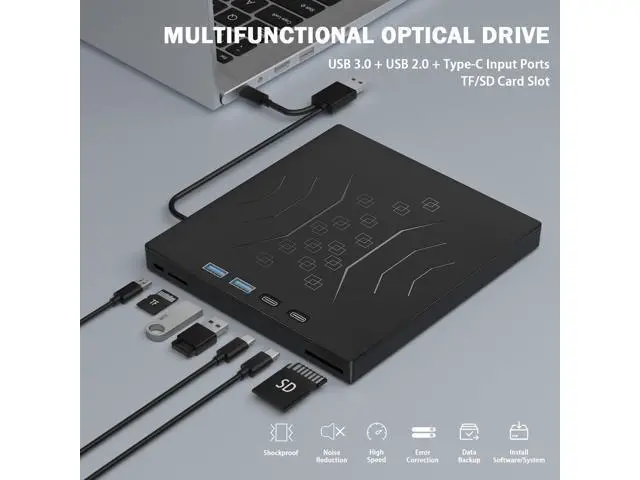 Alt view image 2 of 7 - 7 in 1 External DVD Drive, External CD/DVD Drive for Laptop USB 3.0 & Type-C, Portable CD/DVD +/-RW Disk Drive, CD/DVD Burner CD ROM External Drive for Laptop Desktop PC Windows 10/11 XP Mac Linux