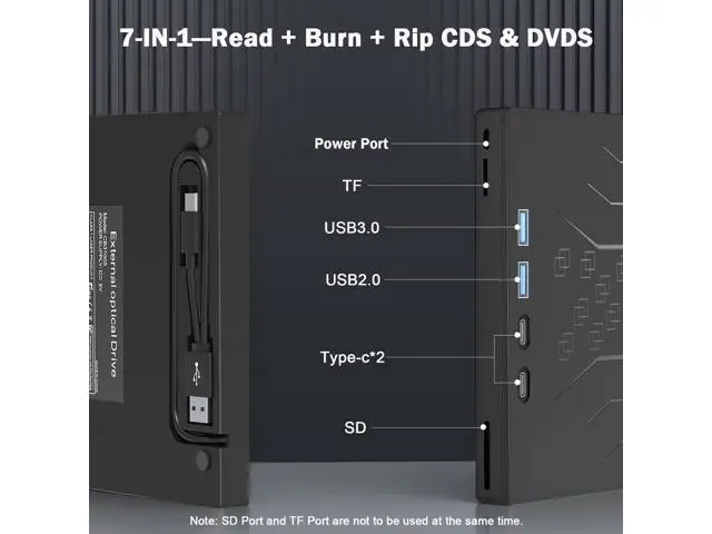 Alt view image 3 of 7 - 7 in 1 External DVD Drive, External CD/DVD Drive for Laptop USB 3.0 & Type-C, Portable CD/DVD +/-RW Disk Drive, CD/DVD Burner CD ROM External Drive for Laptop Desktop PC Windows 10/11 XP Mac Linux
