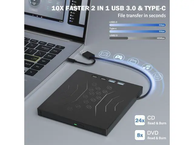 Alt view image 4 of 7 - 7 in 1 External DVD Drive, External CD/DVD Drive for Laptop USB 3.0 & Type-C, Portable CD/DVD +/-RW Disk Drive, CD/DVD Burner CD ROM External Drive for Laptop Desktop PC Windows 10/11 XP Mac Linux