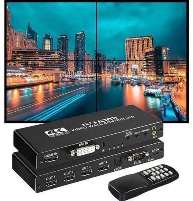 Main image of Video Wall Controller 2x2 4K 30Hz Processor HDMI 1.4 HDCP 1.4 Support 8 Display Modes -1x2, 1x3, 1x4, 2x2, 4x1, 3x1, 2x1 with 1 DVI or HDMI Input 4 HDMI Output