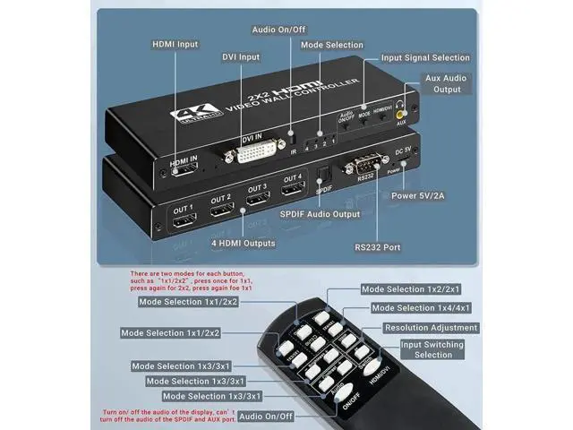 Alt view image 5 of 7 - Video Wall Controller 2x2 4K 30Hz Processor HDMI 1.4 HDCP 1.4 Support 8 Display Modes -1x2, 1x3, 1x4, 2x2, 4x1, 3x1, 2x1 with 1 DVI or HDMI Input 4 HDMI Output