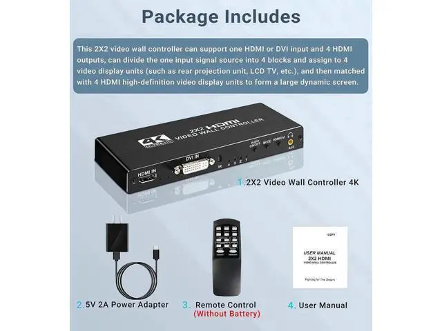 Alt view image 6 of 7 - Video Wall Controller 2x2 4K 30Hz Processor HDMI 1.4 HDCP 1.4 Support 8 Display Modes -1x2, 1x3, 1x4, 2x2, 4x1, 3x1, 2x1 with 1 DVI or HDMI Input 4 HDMI Output