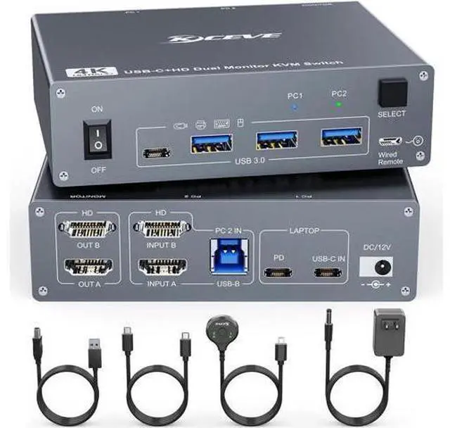 Main image of KVM Switch 2 Monitors 2 Computers USB C HDMI, Dual Monitor USB 3.0 USB Typc C KVM Switcher Supports 4K@60Hz for 2 Computers Share Keyboard, Mouse and Monitor
