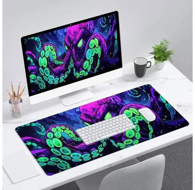 Alt view image 3 of 7 - Octopus Desk Mat Gaming Mouse Pad Neon Cthulhu Monster Cool XL Mouse Pad Large Mousepad Extended Laptop Keyboard Mat Gaming Desk Pad Mouse Mat Office Computer Keyboard Laptop Home 31.5"x11.8"