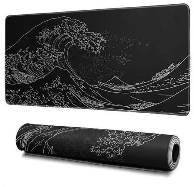 Main image of Japanese Gaming Mouse Pad Abstract Black Mouse Pad 31.5x11.8 Inch Black Sea Wave Texture Non-Slip Rubber Base Large Ocean Mousepad Stitched Edges Keyboard Mouse Mat Desk Pad for Office and Home