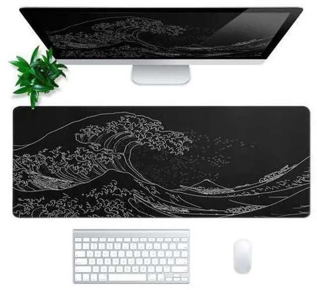 Alt view image 3 of 7 - Japanese Gaming Mouse Pad Abstract Black Mouse Pad 31.5x11.8 Inch Black Sea Wave Texture Non-Slip Rubber Base Large Ocean Mousepad Stitched Edges Keyboard Mouse Mat Desk Pad for Office and Home