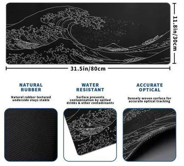 Alt view image 2 of 7 - Japanese Gaming Mouse Pad Abstract Black Mouse Pad 31.5x11.8 Inch Black Sea Wave Texture Non-Slip Rubber Base Large Ocean Mousepad Stitched Edges Keyboard Mouse Mat Desk Pad for Office and Home