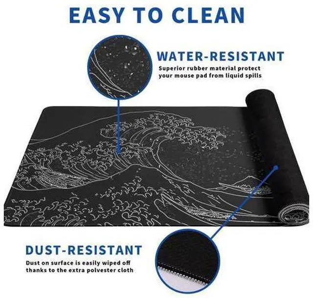 Alt view image 4 of 7 - Japanese Gaming Mouse Pad Abstract Black Mouse Pad 31.5x11.8 Inch Black Sea Wave Texture Non-Slip Rubber Base Large Ocean Mousepad Stitched Edges Keyboard Mouse Mat Desk Pad for Office and Home