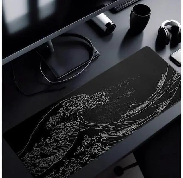 Alt view image 6 of 7 - Japanese Gaming Mouse Pad Abstract Black Mouse Pad 31.5x11.8 Inch Black Sea Wave Texture Non-Slip Rubber Base Large Ocean Mousepad Stitched Edges Keyboard Mouse Mat Desk Pad for Office and Home