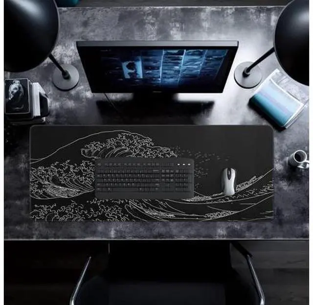 Alt view image 7 of 7 - Japanese Gaming Mouse Pad Abstract Black Mouse Pad 31.5x11.8 Inch Black Sea Wave Texture Non-Slip Rubber Base Large Ocean Mousepad Stitched Edges Keyboard Mouse Mat Desk Pad for Office and Home