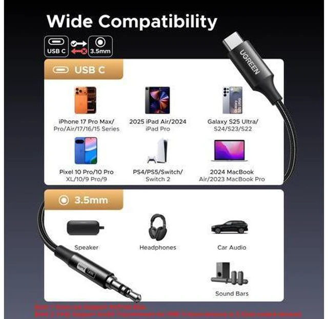 Alt view image 2 of 7 - USB C to Aux Type C to 3.5mm Audio Adapter Hi-Res 32bit/384KHz Stereo Cord Headphone Male Car Auxiliary Cable Compatible with iPhone 17 16 15 Pro Max, Galaxy S25 S24 Ultra iPad Pixel 10, 3.3FT