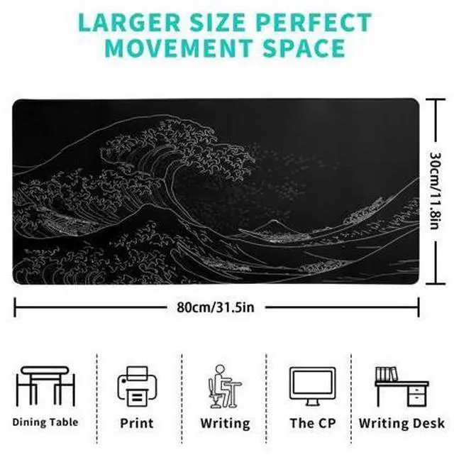 Alt view image 2 of 6 - \Japanese Sea Wave Large Mouse Pad, Anime Black Gaming, Extended Kanagawa Mat Desk Pad, 3mm Thick Long Non-Slip Rubber Base Mice Pad, 31.5 X 11.8 Inch