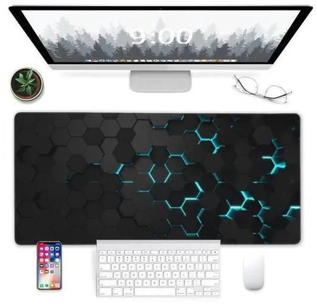 Alt view image 6 of 7 - Gaming Mouse Pad, Blue Honeycomb Science Technology Extended Mouse Pad Gaming Large, Big Desk Mat with Non-Slip Base and Stitched Edge,Long Computer Keyboard Mouse Mat for Home Office Work 31.5"x15.7"