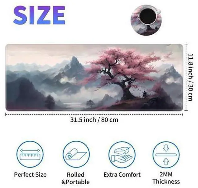 Alt view image 2 of 7 - Large Mouse Pad, Desk Mat, XL Gaming Keyboard Mat, Non-Slip Rubber Base, Full Extended Mousepad for Gaming Office Home, 31.5 X 11.8 Inch, Sakura Tree