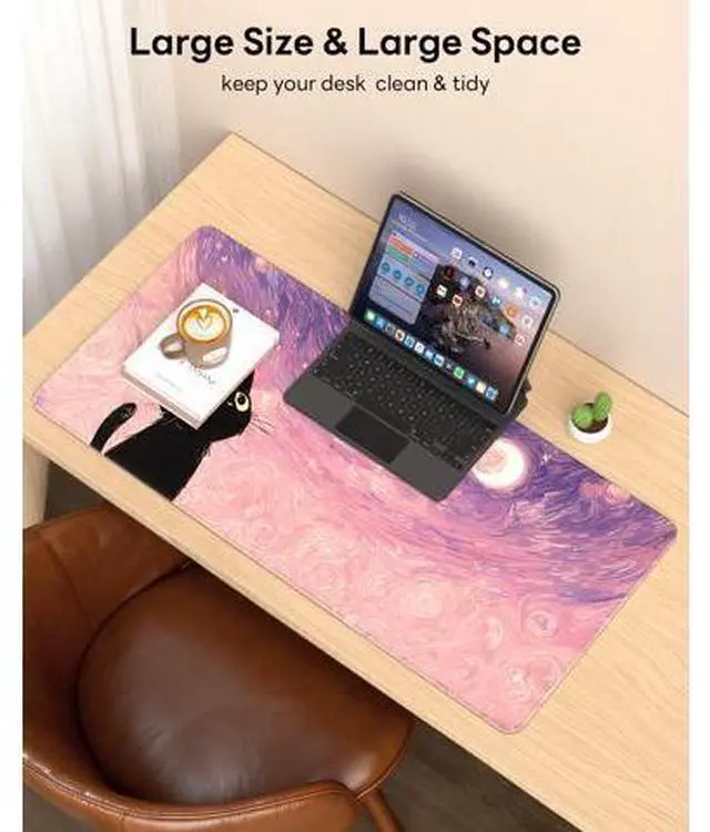 Alt view image 2 of 7 - XL Gaming Mouse Pad, 31.5x15.7'' Large Desk Mat with Anti-Slip Rubber Base & Stitched Edges for Gaming, Office, Home, Van Gogh Cat