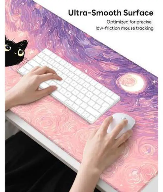 Alt view image 3 of 7 - XL Gaming Mouse Pad, 31.5x15.7'' Large Desk Mat with Anti-Slip Rubber Base & Stitched Edges for Gaming, Office, Home, Van Gogh Cat