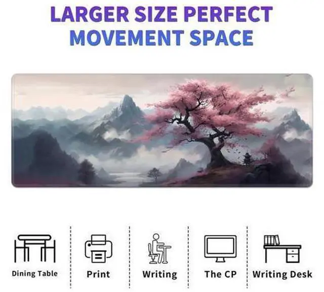Alt view image 6 of 7 - Large Mouse Pad, Desk Mat, XL Gaming Keyboard Mat, Non-Slip Rubber Base, Full Extended Mousepad for Gaming Office Home, 31.5 X 11.8 Inch, Sakura Tree