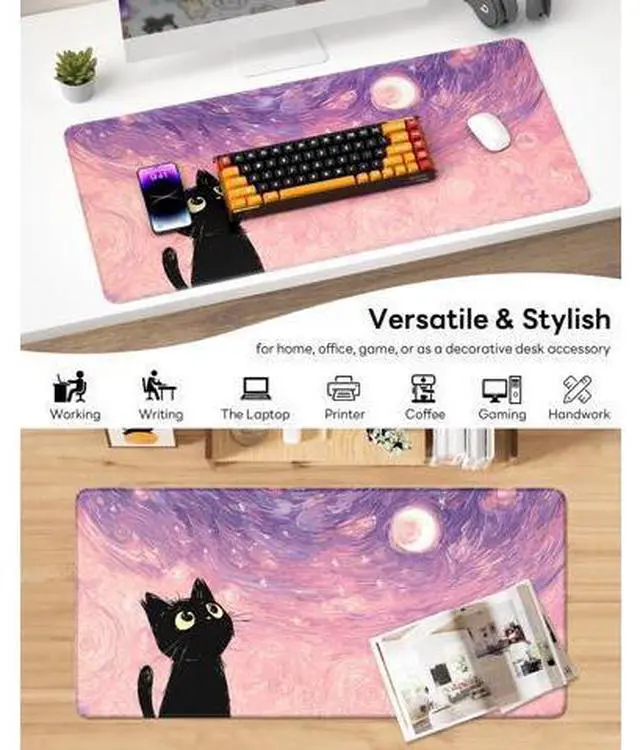 Alt view image 6 of 7 - XL Gaming Mouse Pad, 31.5x15.7'' Large Desk Mat with Anti-Slip Rubber Base & Stitched Edges for Gaming, Office, Home, Van Gogh Cat