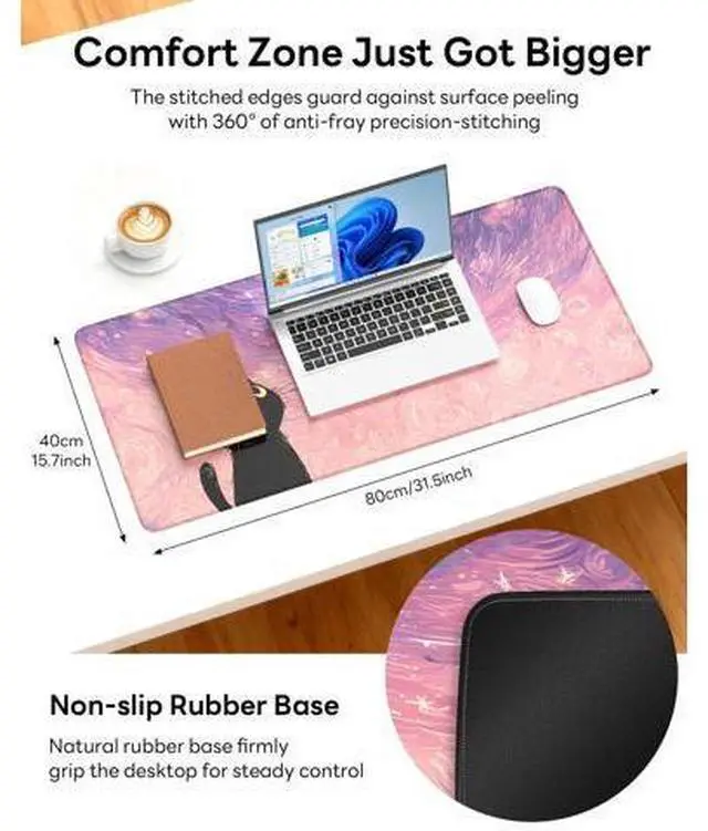 Alt view image 4 of 7 - XL Gaming Mouse Pad, 31.5x15.7'' Large Desk Mat with Anti-Slip Rubber Base & Stitched Edges for Gaming, Office, Home, Van Gogh Cat