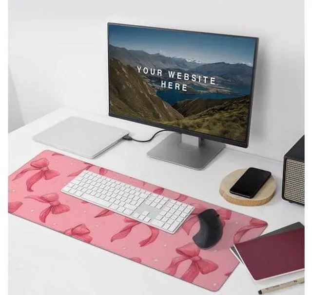 Alt view image 2 of 6 - Large Pink Mouse Pad with Bows, Non-Slip Desk Mat for Laptop PC, Gaming Mousepad, 35.4 x 15.7 inches