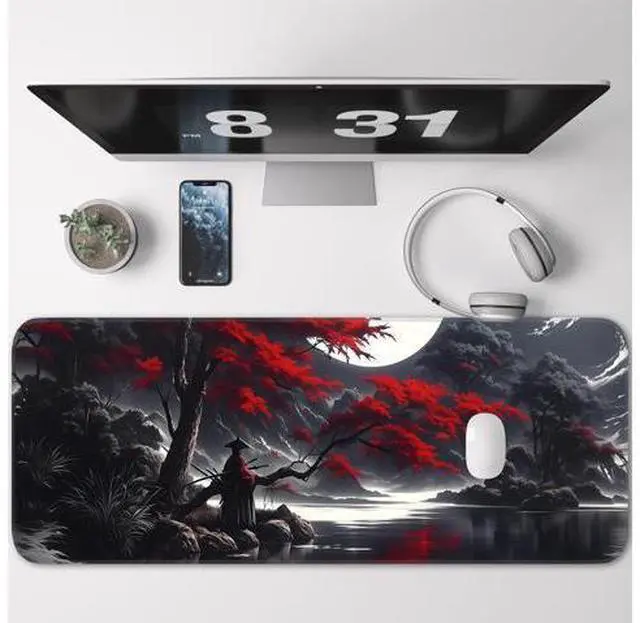 Alt view image 2 of 7 - Japanese Dark Red Moon Gaming Mouse Pad, Extended Mouse Pad with Non-Slip Base, Full Keyboard Pad with Stitched Edges, Large Desk Pad for Gaming, Office, Home 31.5 x 11.8 Inch